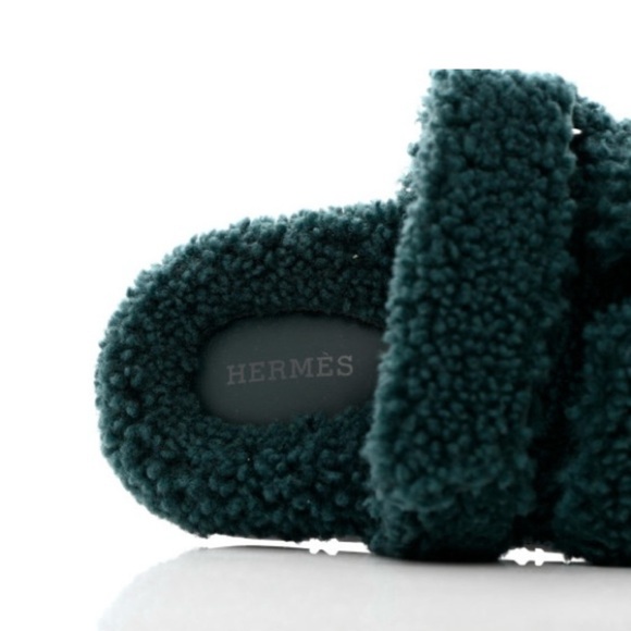 Hermes Vert Anglais Chypre Shearling Sandals size: 37.5 NEW IN BOX - Picture 4 of 7